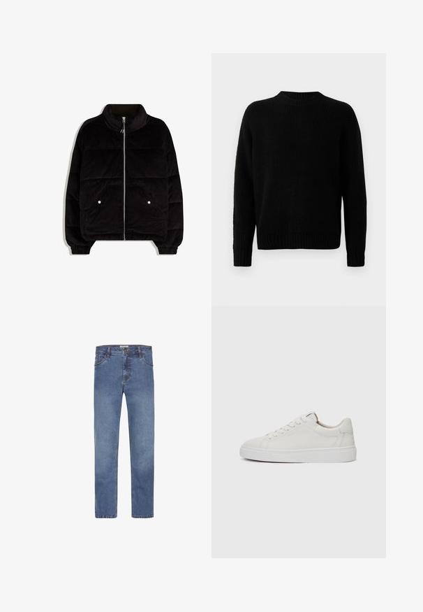 Crni korduroj puffer jakna s visokim ovratnikom, prednjim patentnim zatvaračem, dva džepa na dugme i elastičnim manžetama na bijeloj pozadini.; Crni pleteni pulover s rebrastom teksturom, okruglim izrezom i dugim rukavima. Jednostavan dizajn; bez dodatnih uzoraka ili akcenta.; Svijetloplave traperice ravnog kroja, s pet džepova i kontrastnim šavovima. Imaju kopčanje na dugme i patentni zatvarač.; Bijele kožne niske tenisice s okruglim vrhom, ravnim bijelim gumenim potplatom i minimalističkim detaljima šavova. Pertle osigurane kroz šest rupica.