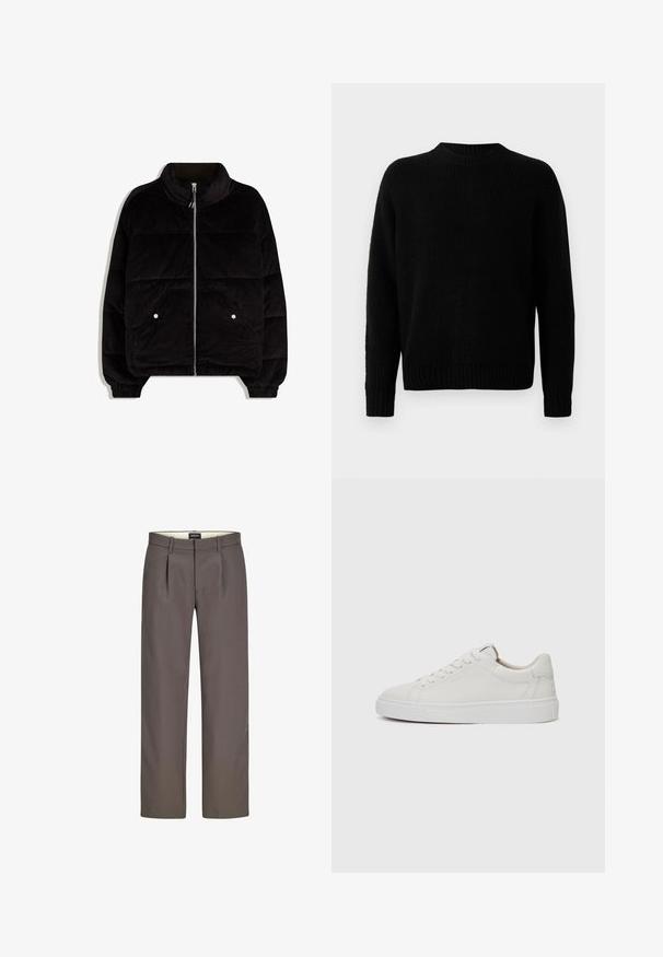 Veste matelassée en velours côtelé noir avec col montant, zip avant, deux poches à bouton-pression et poignets élastiqués sur fond blanc.; Pull en tricot noir avec une texture côtelée, encolure ronde et manches longues. Design simple ; sans motifs ni accents supplémentaires.; Pantalons gris avec un design à jambes droites, dotés de plis, d'une fermeture éclair et d'une texture lisse. La doublure interne est de couleur crème.; Baskets blanches en cuir, à tige basse, avec un bout rond, une semelle en caoutchouc blanc plate et des détails de couture minimalistes. Lacets maintenus par six œillets.