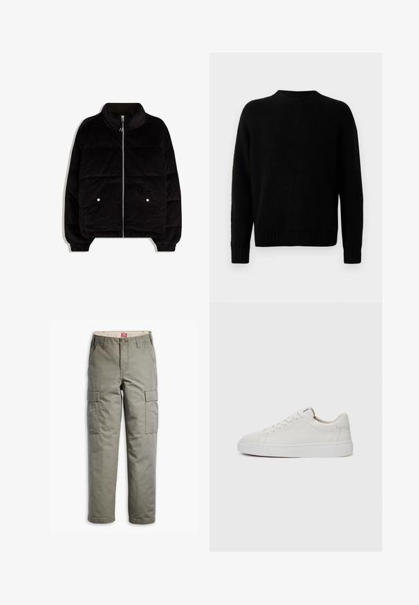 Zwarte corduroy pufferjas met hoge kraag, front-rits, twee drukknoopzakken en elastische manchetten op een witte achtergrond.; Zwarte gebreide trui met een geribbelde textuur, ronde halslijn en lange mouwen. Eenvoudig ontwerp; geen extra patronen of accenten.; Olijfgroene cargobroek, gemaakt van een duurzame katoenmix, met zijzakken, een rechte pijp en een knoopsluiting.; Witte leren lage sneakers met een ronde neus, platte witte rubberen zool en minimalistische stikseldetails. Veters vastgemaakt via zes oogjes.