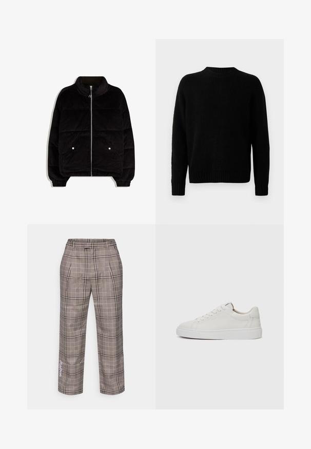 Black corduroy puffer jacket with high collar, front zipper, two snap-button pockets, and elasticated cuffs on a white background.; Black knitted sweater with a ribbed texture, round neckline, and long sleeves. Simple design; no additional patterns or accents.; Grey plaid trousers with a loose fit, featuring a check pattern with light beige and black lines, and side pockets. Accented with white lettering.; White leather low-top sneakers with a round toe, flat white rubber sole, and minimalistic stitching detail. Laces secured through six eyelets.