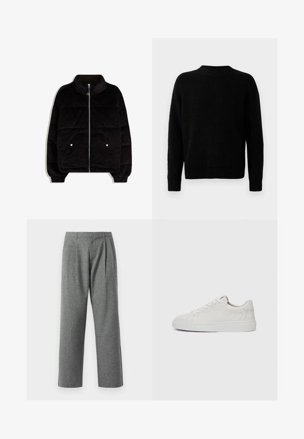 Schwarze Corduroy-Pufferjacke mit hohem Kragen, Frontreißverschluss, zwei Druckknopftaschen und elastischen Bündchen auf weißem Hintergrund.; Schwarzer Strickpullover mit gerippter Textur, runden Ausschnitt und langen Ärmeln. Einfaches Design; keine zusätzlichen Muster oder Akzente.; Graue, gerade geschnittene Hose aus strukturiertem Stoff, mit Falten auf der Vorderseite und einem schlichten Bund, ohne sichtbare Taschen.; Weiße Leder-Sneaker im Low-Top-Stil mit runder Zehenform, flacher weißer Gummisohle und minimalistischen Steppnähten. Schnürsenkel sind durch sechs Ösen gesichert.
