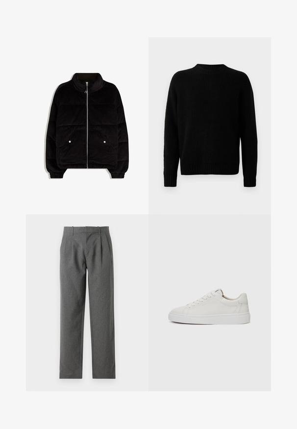 Sort fløjel puffjakke med høj krave, frontlynlås, to trykknaplommer og elastiske manchetter på en hvid baggrund.; Sort strikket sweater med ribbet tekstur, rund halsudskæring og lange ærmer. Simpel design; ingen yderligere mønstre eller accenter.; Grå, stribede bukser lavet af et tekstureret stof. Har en høj talje med læg og et lige ben design.; Hvide læder sneakers med lav skæft, rund tå, flad hvid gummisål og minimalistisk sømdetalje. Snørebånd sikret gennem seks snørrehuller.