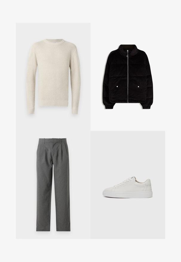 Črna kordurojska puffer jakna z visokim ovratnikom, sprednjim zadrgo, dvema žepoma na gumb in elastičnimi manšetami na belem ozadju.; Kremna pletena pulover s rebrasto teksturo, okroglo ovratnikom in dolgimi rokavi. Ima ohlapen kroj ter elastične manšete in rob.; Sive, prugaste hlače narejene iz strukturirane tkanine. Imajo visok pas z gubami in ravno krojenimi nogavicami.; Bele usnjene superge z nizkim zgornjim delom, okroglo konico, ravnim belim gumijastim podplatom in minimalističnimi šivi. Šnure so pritrjene skozi šest lukenj.