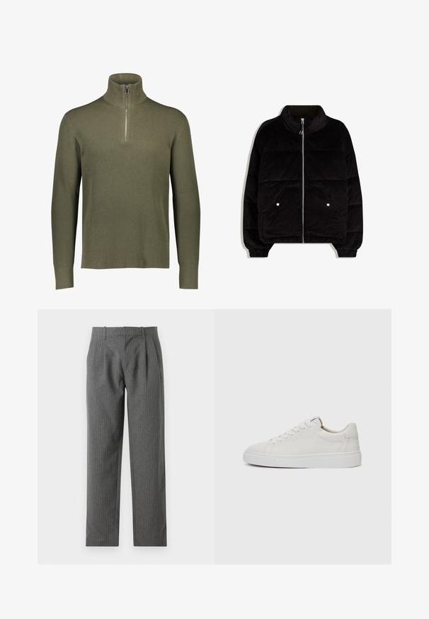 Černá kordurová péřová bunda s vysokým límcem, předním zipem, dvěma kapsami na druky a elastickými manžetami na bílém pozadí.; Olivově zelený žebrovaný pletený svetr s vysokým límcem a čtvrtinovým zipem. Má dlouhé rukávy a texturovaný povrch.; Šedé kalhoty s proužky vyrobené z texturované látky. Mají vysoký pas s sklady a rovný střih nohavic.; Bílé kožené nízké tenisky s kulatou špičkou, plochou bílou gumovou podrážkou a minimalistickým detailem prošívání. Tkaničky upevněné skrze šest očíček.