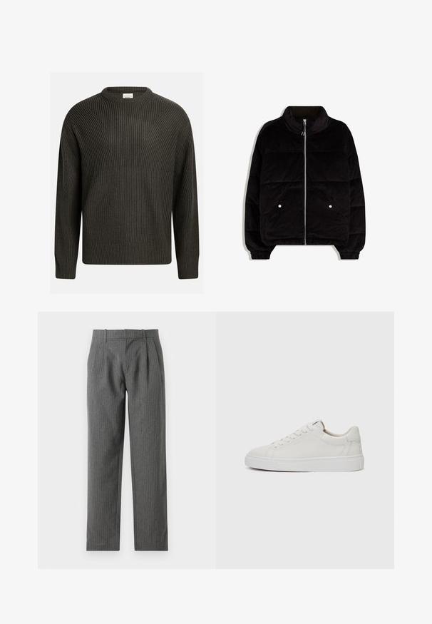 Zwarte corduroy pufferjas met hoge kraag, front-rits, twee drukknoopzakken en elastische manchetten op een witte achtergrond.; Donkergroene, dik gebreide trui met een ronde halslijn, verlaagde schouders en een textuurpatroon over de gehele trui. Geribbelde manchetten en zoom.; Grijze, gestreepte broek gemaakt van een gestructureerde stof. Heeft een hoge taille met plooien en een recht model.; Witte leren lage sneakers met een ronde neus, platte witte rubberen zool en minimalistische stikseldetails. Veters vastgemaakt via zes oogjes.