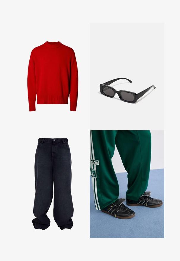 Giacca puffer in corduroy nera con colletto alto, zip frontale, due tasche con bottoni a scatto e polsini elasticizzati su sfondo bianco.; Maglione rosso a maniche lunghe con scollo rotondo, dotato di collo, polsini e orlo a costine, esposto su sfondo bianco.; Pantaloni in denim neri a gamba larga con una texture liscia, design a cinque tasche e chiusura con bottone. Presenta una vestibilità rilassata e un orlo affusolato.; Sneakers neri in pelle texturizzata, con suole in gomma e accenti a zigzag unici. Abbinati a pantaloni verdi larghi con strisce bianche.; Occhiali da sole neri rettangolari con lenti scure, finitura lucida, aste larghe e design della montatura spessa. Nome del marchio inciso su un'asta.