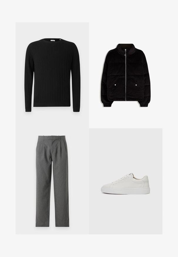 Svart manchesterpuffjacka med hög krage, frontdragkedja, två knappfickor och elastiska manschetter på en vit bakgrund.; Svart kabelstickad tröja med långa ärmar och rund halsringning. Har ett strukturerat mönster samt ribbade muddar och fåll.; Grå, rullrandiga byxor i ett strukturerat tyg. Har hög midja med veck och en rak bendesign.; Vita läder sneakers med låg profil, rund tå, platt vit gummisula och minimalistiska sömmar. Skosnören säkrade genom sex hål.