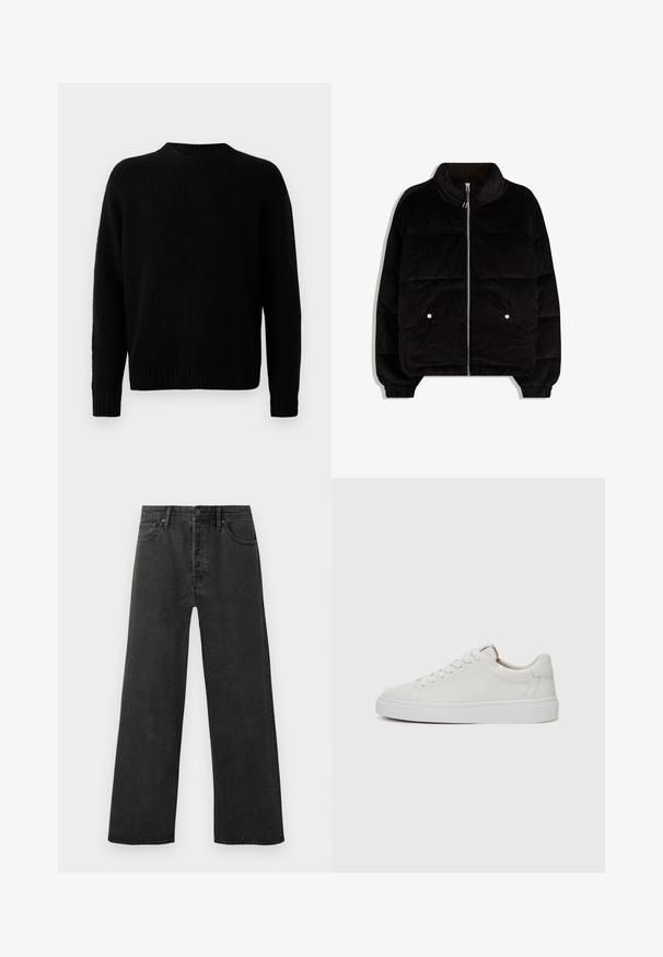 Črna kordurojska puffer jakna z visokim ovratnikom, sprednjim zadrgo, dvema žepoma na gumb in elastičnimi manšetami na belem ozadju.; Črn pleten pulover z rebrasto teksturo, okroglo odprtino za vrat in dolgimi rokavi. Enostaven dizajn; brez dodatnih vzorcev ali akcentov.; Črne naramnice jeans hlače s visoko pasom in ravnimi nogavicami, sprednjim gumbom, zadrgo in zasnovo s petimi žepi na beli podlagi.; Bele usnjene superge z nizkim zgornjim delom, okroglo konico, ravnim belim gumijastim podplatom in minimalističnimi šivi. Šnure so pritrjene skozi šest lukenj.