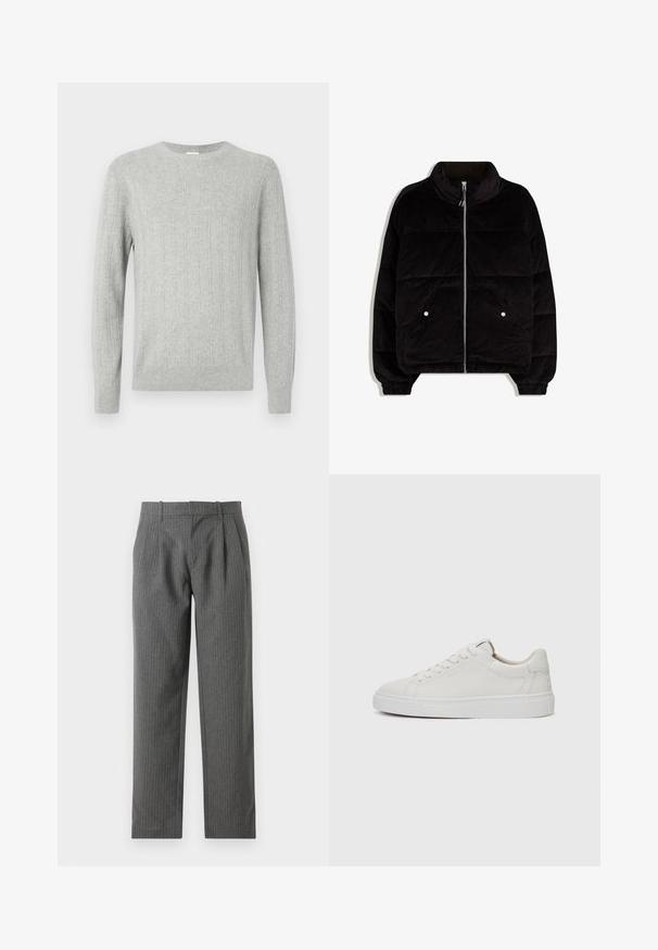 Fekete kordbársony puffertakaró kabát magas gallérral, elöl cipzárral, két patentgombos zsebbel és rugalmas mandzsettával fehér háttér előtt.; Világosszürke, kötött pulóver bordás textúrával, kerek nyakkivágással és hosszú ujjakkal. Egyszerű dizájn, egyenes szegéllyel és tartós anyagból készült.; Szürke, csíkozott nadrág, amelytexturált anyagból készült. Magas derék és redők jellemzik, valamint egyenes szabású láb. ; Fehér bőr, alacsony szárú sportcipő kerek orral, lapos fehér gumitalppal és minimalista varrási részletekkel. A fűzők hat szemre fűzve.