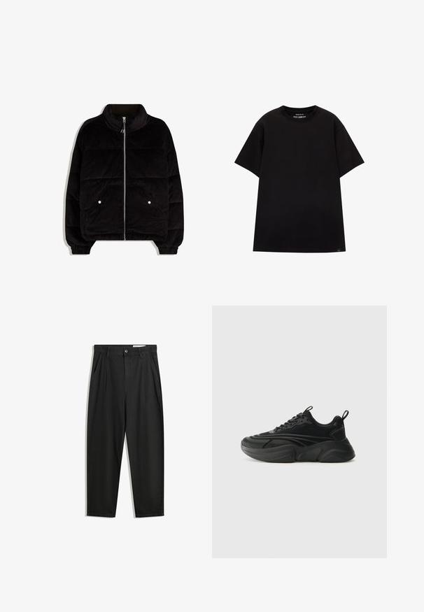 Czarna kurtka puchowa z korduroy z wysokim kołnierzem, przednim zamkiem, dwoma kieszeniami zapinanymi na napy oraz elastycznymi mankietami na białym tle.; PULL&BEAR - T-shirt basic; Czarne bawełniane spodnie o luźnym kroju, z klasycznym pasem, przednimi plisy oraz bocznymi kieszeniami. Gładka struktura, bez wzorów.; Czarny sportowy obuwie z zaokrągloną podeszwą, chropowatą górą i wyściełanym kołnierzem. Posiada sznurowanie, uchwyt do zakładania oraz warstwowe elementy wzornicze.