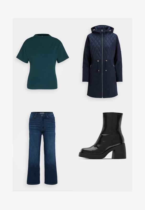 Marineblå polstret jakke med quiltet overdel, hætte, fuld lynlås, snoretræk i taljen og to forlommer. Glat tekstur, moderne design.; Teal kortærmet top med høj halsudskæring, lavet af glat stof. Har en tætsiddende silhuet og minimale syninger.; ONLY Petite ONLMADISON BLUSH WIDE - Wide leg - dark blue denim; Sorte ankelstøvler med en blank finish, firkantet tå og en tyk blokhæl. Designet har en strømlinet silhuet og minimal branding.