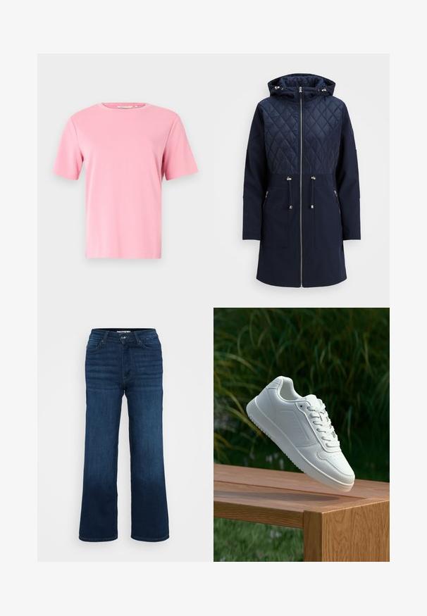 Laivastonsininen vanutakki, jossa on tikattu yläosa, huppu, täysi vetoketju, kiristettävä vyötärö ja kaksi etutaskua. Sileä pinta, moderni muotoilu.; Vaaleanpunainen lyhythihainen T-paita, joka on valmistettu pehmeästä puuvillakankaasta. Klassinen pyöreä pääntie ja rento malli ilman lisäkuvioita tai koristeluja.; ONLY Petite ONLMADISON BLUSH WIDE - Leveälahkeiset - dark blue denim; Valkoiset tennarit, joissa on sileä synteettinen päällinen, rei'itetty varvasosa, litteät nauhat ja teksturoitu pohja, esillä puupinnalla.