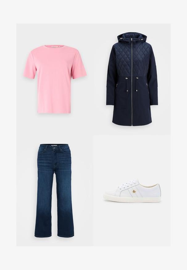 Laivastonsininen vanutakki, jossa on tikattu yläosa, huppu, täysi vetoketju, kiristettävä vyötärö ja kaksi etutaskua. Sileä pinta, moderni muotoilu.; Vaaleanpunainen lyhythihainen T-paita, joka on valmistettu pehmeästä puuvillakankaasta. Klassinen pyöreä pääntie ja rento malli ilman lisäkuvioita tai koristeluja.; ONLY Petite ONLMADISON BLUSH WIDE - Leveälahkeiset - dark blue denim; Lauren Ralph Lauren JANSON II ACTION LEATHER SNEAKER - Matalavartiset tennarit - real white