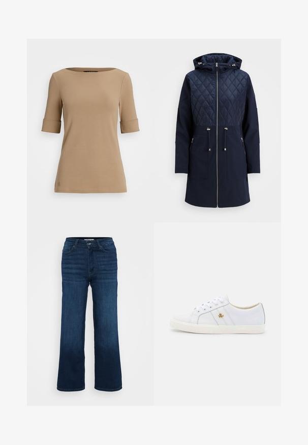 Jūras spēku krāsā pārklāts mīkstais mētelis ar kviltotu augšējo daļu, kapuci, pilnu rāvējslēdzēju, izvelkamu jostasvietu un divām priekšējām kabatām. Gluda tekstūra, mūsdienīgs dizains.; Bežs, pieguļošs T-krekls ar platu, apaļu kakla izgriezumu un elkoņa garuma piedurknēm. Izgatavots no mīksta, elastīga materiāla ar nedzīvo logo akcentu.; ONLY Petite ONLMADISON BLUSH WIDE - Džinsi ar platām starām - dark blue denim; Lauren Ralph Lauren JANSON II ACTION LEATHER SNEAKER - Sporta apavi - real white