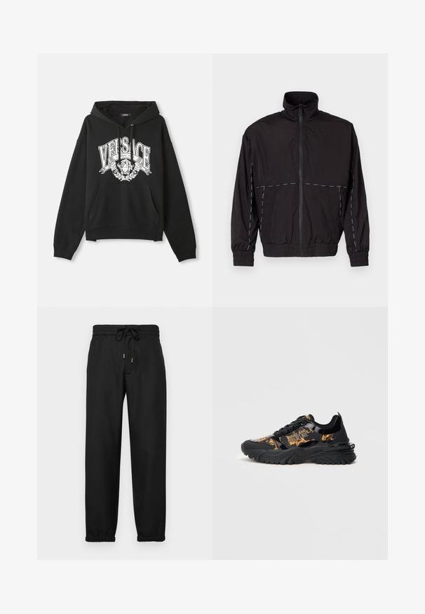 Black lightweight jacket with a high collar and zip closure. Features white stitching accents on the shoulders and sleeves. Elastic cuffs.; Black hooded sweatshirt with white "VERSACE" text and Medusa head logo centered on the chest, featuring front kangaroo pocket and drawstrings.; Black sweatpants made of soft fabric, featuring an elastic waistband with a drawstring, tapered legs, and elastic cuffs at the ankles.; Black sneakers with a sleek design, featuring glossy accents and vibrant orange patterns. Thick rubber sole with textured tread.