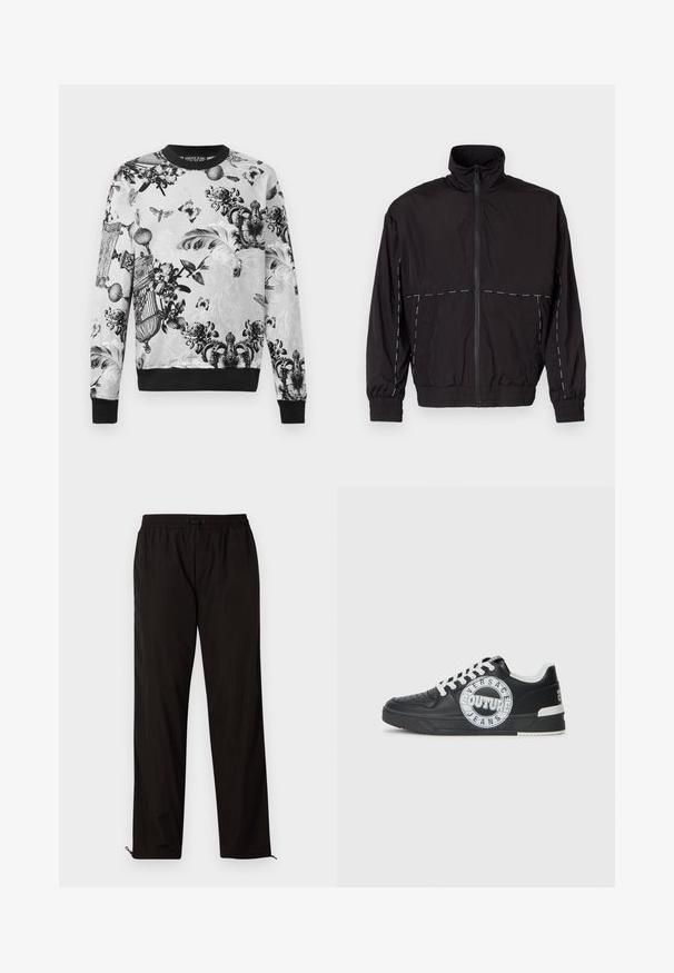 Čierna ľahká bunda s vysokým golierom a zipsom. Má biele švy na pleciach a rukávoch. Elastické manžety.; Mikina s okrúhlym výstrihom v čiernej a bielej farbe s náročnými kvetinovými a motýlmi vzormi, textúrovanou tkaninou a čiernymi manžetami a lemom.; Čierne ľahké nohavice s elastickým pásom, sťahovacím pásom a zipsami na spodnej časti, ktoré umožňujú prispôsobiť veľkosť. Hladká, lesklá textura.; Čierne kožené tenisky s bielymi akcentmi, okrúhlym logom, perforovanou špičkou a kontrastnou podrážkou. Obsahujú biele šnúrky a značkovanie.
