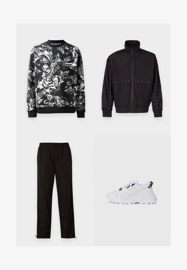 Černá lehká bunda s vysokým límcem a zipovým zapínáním. Má bílé prošívání na ramenou a rukávech. Elastické manžety.; Černá mikina s propracovanými bílými květinovými vzory, kulatým výstřihem a žebrovanými manžetami. Hladký materiál s uvolněným střihem.; Černé lehké kalhoty s elastickým pasem, stahovací šňůrkou a zipovými nohavicemi pro nastavitelný střih. Hladká, elegantní textura.; Bílé atletické tenisky s síťovaným svrškem, silnou podrážkou a černými akcenty s potištěným logem. Strukturální a texturovaný design.