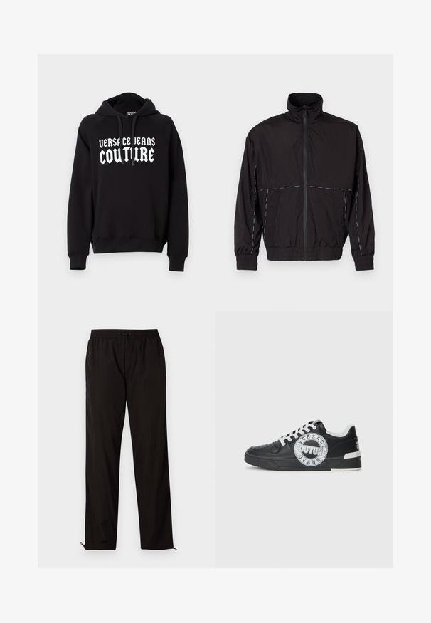 Juodas lengvas švarkas su aukštu apykakle ir užtrauktuku. Savybėje yra balti siuvinėjimo akcentai ant pečių ir rankovių. Elastingi rankogaliai.; Juoda gobtuvė pagaminta iš minkštos medžiagos, su kengūros kišene, banguotais rankogaliais ir ryškia balta "VERSACE JEANS COUTURE" logotipu priekyje.; Juodos lengvos kelnės su elastingu juosmeniu, raišteliu ir užtrauktukais apačioje, kad būtų galima pritaikyti dydį. Lygus, glotnus paviršius.; Juodo odinio sportinio avalynė su baltais akcentais, apvaliu logotipo detalizavimu, perforuota priekiu ir kontrastingu padu. Savybės: balti raišteliai ir prekės ženklas.