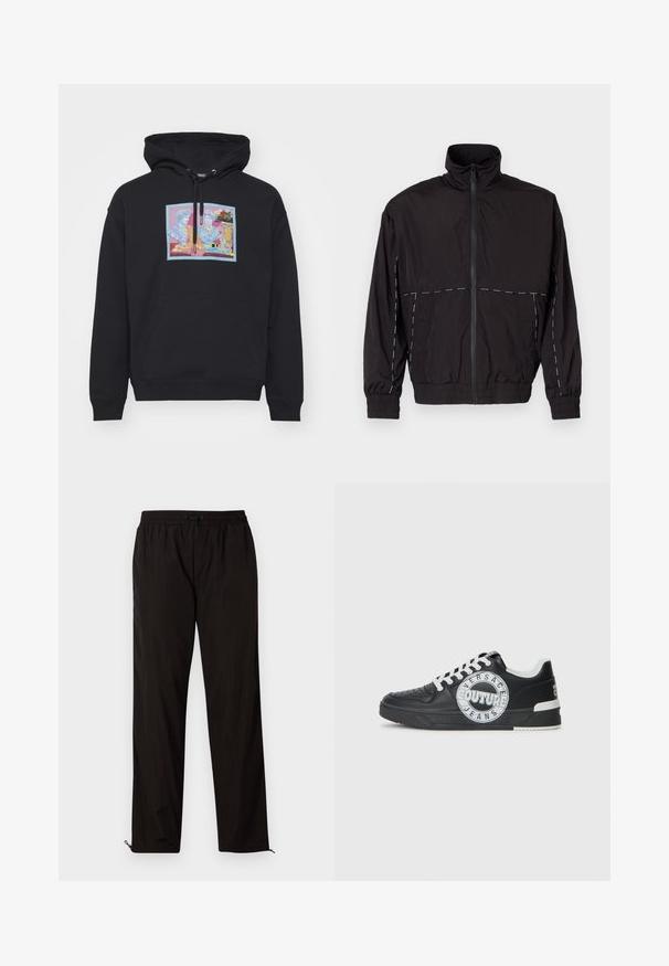 Czarna, lekka kurtka z wysokim kołnierzem i zapięciem na zamek. Posiada białe przeszycia na ramionach i rękawach. Elastyczne mankiety.; Czarna bluza z kapturem z przednią kieszenią, zdobiona kolorową grafiką dwóch klasycznych postaci oraz akcentami kwiatowymi. Materiał z mieszanki bawełny.; Czarne, lekkie spodnie z elastycznym paskiem w talii, z zapięciem na sznurek i zamkami błyskawicznymi przy nogawkach dla regulowanego dopasowania. Gładka, stylowa tekstura.; Czarne skórzane sneakersy z białymi akcentami, okrągłe detale z logo, perforowany czubek oraz kontrastowa podeszwa. Posiadają białe sznurówki i branding.