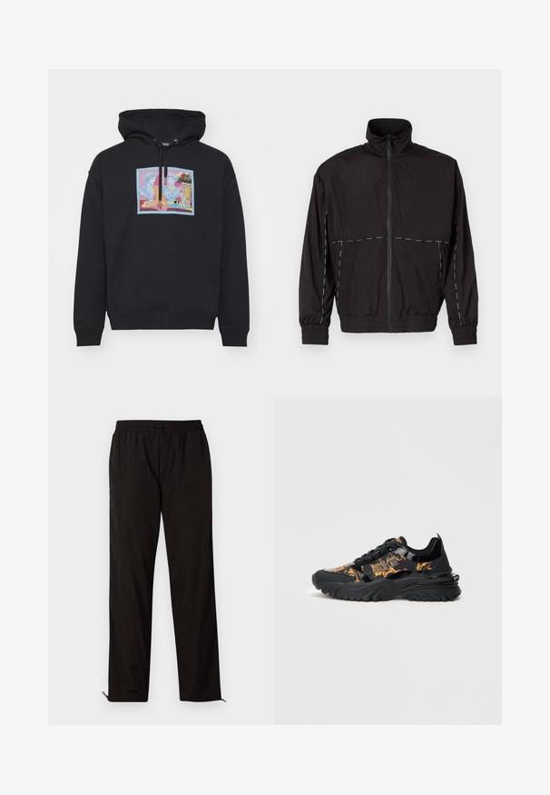 Giacca nera leggera con colletto alto e chiusura a zip. Presenta dettagli in cucitura bianca sulle spalle e sulle maniche. Polsi elasticizzati.; Felpa nera con cappuccio e tasca frontale, caratterizzata da una grafica colorata di due figure classiche con accenti floreali. Materiale misto cotone.; Pantaloni leggeri neri con vita elastica, chiusura con cordino e orli con zip per una vestibilità regolabile. Texture liscia e elegante.; Sneakers neri dal design elegante, con accenti lucidi e motivi arancioni vivaci. Suola in gomma spessa con battistrada testurizzato.