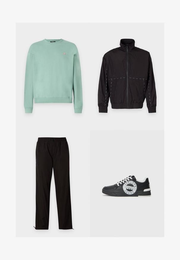 Casaco leve preto com gola alta e fecho de correr. Apresenta detalhes em costura branca nos ombros e mangas. Punhos elásticos.; Sweatshirt verde claro feito de tecido macio, com gola redonda, mangas longas e um pequeno emblema no lado esquerdo do peito. Punhos e barra canelados.; Calças leves pretas com cintura elástica, fecho por cordão ajustável e bainhas com fecho de correr para ajuste. Textura suave e elegante.; Tenis de couro preto com detalhes em branco, logótipo redondo, ponta perfurada e sola de contraste. Apresenta atacadores brancos e marca.