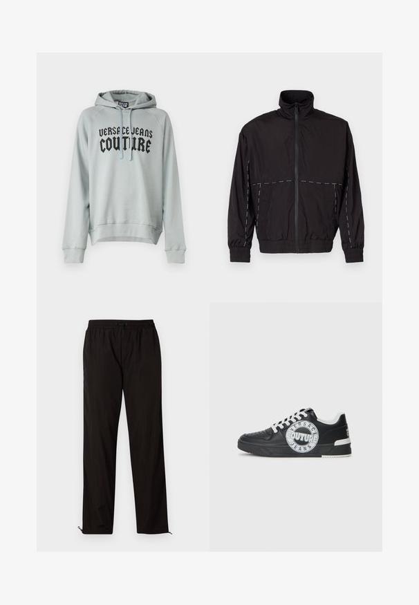 Black lightweight jacket with a high collar and zip closure. Features white stitching accents on the shoulders and sleeves. Elastic cuffs.; Light gray hooded sweatshirt with black "Versace Jeans Couture" logo text on front and drawstrings on hood.; Black lightweight trousers with an elastic waistband, drawstring closure, and zippered hems for adjustable fit. Smooth, sleek texture.; Black leather sneakers with white accents, round logo detailing, perforated toe, and contrasting sole. Features white laces and branding.