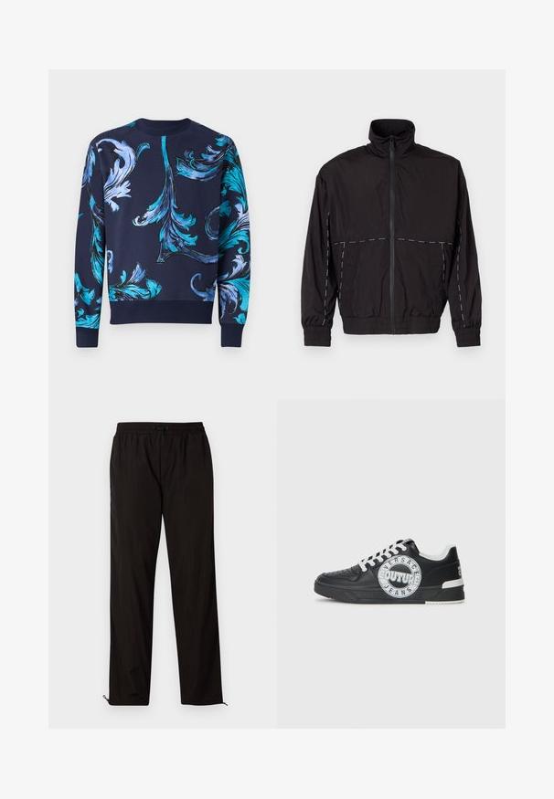 Casaco leve preto com gola alta e fecho de correr. Apresenta detalhes em costura branca nos ombros e mangas. Punhos elásticos.; Sweatshirt azul-marinho com padrões florais ornamentados, decote redondo e punhos canelados, textura suave e ajuste descontraído.; Calças leves pretas com cintura elástica, fecho por cordão ajustável e bainhas com fecho de correr para ajuste. Textura suave e elegante.; Tenis de couro preto com detalhes em branco, logótipo redondo, ponta perfurada e sola de contraste. Apresenta atacadores brancos e marca.