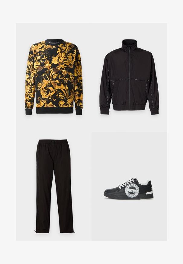 Črna lahka jakna z visokim ovratnikom in zadrgo. Ima bele šive na ramenih in rokavih. Elastični manšeti.; Črna puloverjak z zapletenimi zlatimi baročnimi cvetličnimi vzorci, z rebričastimi manšeti in robom, izdelan iz mešane bombažne tkanine.; Črne lahke hlače z elastičnim pasom, zapiranjem na vrvico in zadrgo na robovih za prilagodljivost. Gladka, sijoča tekstura.; Črne usnjene superge z belimi detajli, okroglo logotipno okrasitev, perforiran prst in kontrastno podplat. Imajo bele vezalke in blagovno znamko.