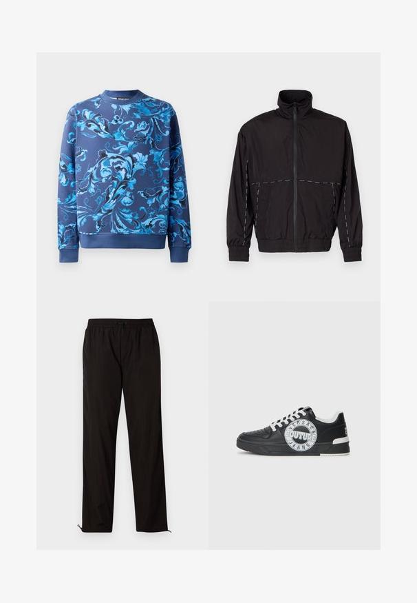 Černá lehká bunda s vysokým límcem a zipovým zapínáním. Má bílé prošívání na ramenou a rukávech. Elastické manžety.; Námořnická mikina s jemnými modrými květinovými vzory. Obsahuje kruhový výstřih a ribované manžety. Vyrobena z měkké látky s hladkým povrchem.; Černé lehké kalhoty s elastickým pasem, stahovací šňůrkou a zipovými nohavicemi pro nastavitelný střih. Hladká, elegantní textura.; Černé kožené tenisky s bílými akcenty, kulatými detaily loga, perforovanou špičkou a kontrastní podešví. Obsahují bílé tkaničky a branding.