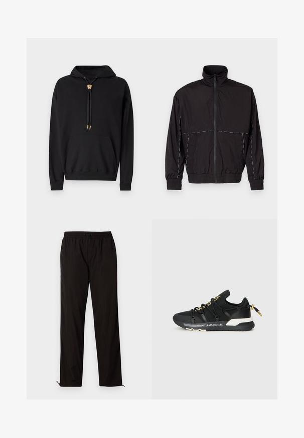 Giacca nera leggera con colletto alto e chiusura a zip. Presenta dettagli in cucitura bianca sulle spalle e sulle maniche. Polsi elasticizzati.; Felpa nera con cappuccio in cotone, dotata di tasca frontale, caratterizzata da un dettaglio della testa di leone dorato sui lacci e un logo in rilievo sul petto.; Pantaloni leggeri neri con vita elastica, chiusura con cordino e orli con zip per una vestibilità regolabile. Texture liscia e elegante.; Sneakers atletici neri dal design elegante, con marchio dorato, lacci elastici e suola testurizzata con accenti bianchi.