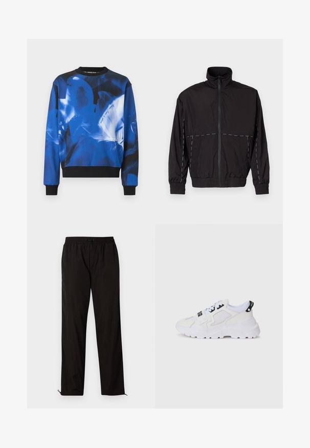 Giacca nera leggera con colletto alto e chiusura a zip. Presenta dettagli in cucitura bianca sulle spalle e sulle maniche. Polsi elasticizzati.; Felpa blu e nera con motivi floreali astratti e testo "Versace Jeans Couture", con polsini e orlo a costine.; Pantaloni leggeri neri con vita elastica, chiusura con cordino e orli con zip per una vestibilità regolabile. Texture liscia e elegante.; Sneakers atletiche bianche con tomaia in mesh, suola spessa e dettagli neri con marchio stampato. Design strutturato e testurizzato.