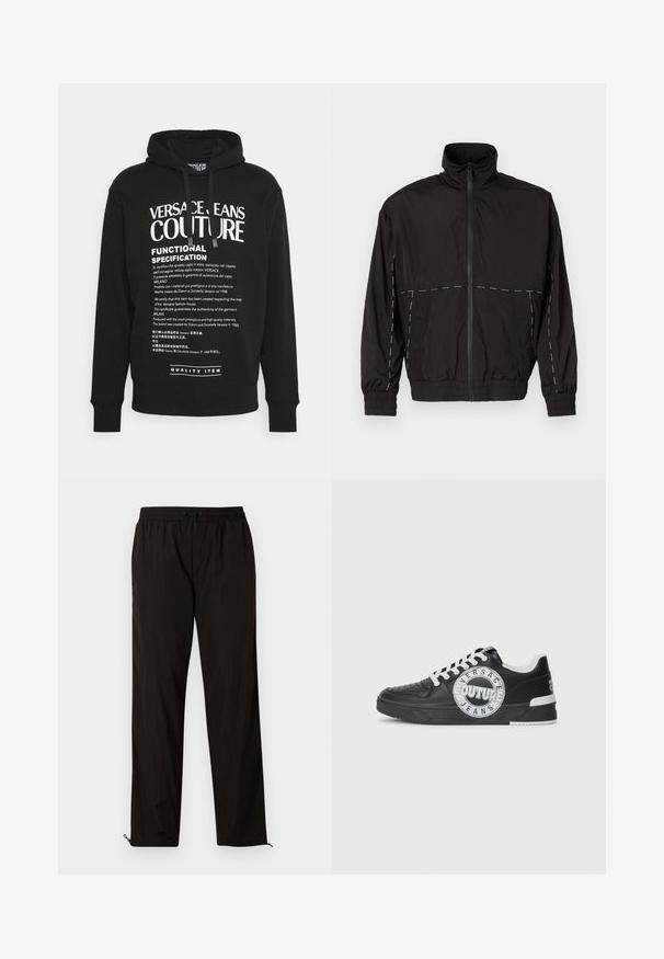 Casaco leve preto com gola alta e fecho de correr. Apresenta detalhes em costura branca nos ombros e mangas. Punhos elásticos.; Versace Jeans Couture Sweatshirt com capuz - black; Calças leves pretas com cintura elástica, fecho por cordão ajustável e bainhas com fecho de correr para ajuste. Textura suave e elegante.; Tenis de couro preto com detalhes em branco, logótipo redondo, ponta perfurada e sola de contraste. Apresenta atacadores brancos e marca.