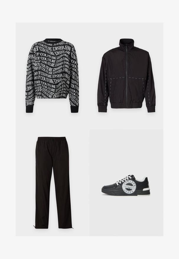 Casaco leve preto com gola alta e fecho de correr. Apresenta detalhes em costura branca nos ombros e mangas. Punhos elásticos.; Sweater de manga longa preto com decote redondo, apresentando texto distorcido em branco repetido "Versace Jeans Couture" por todo o tecido.; Calças leves pretas com cintura elástica, fecho por cordão ajustável e bainhas com fecho de correr para ajuste. Textura suave e elegante.; Tenis de couro preto com detalhes em branco, logótipo redondo, ponta perfurada e sola de contraste. Apresenta atacadores brancos e marca.