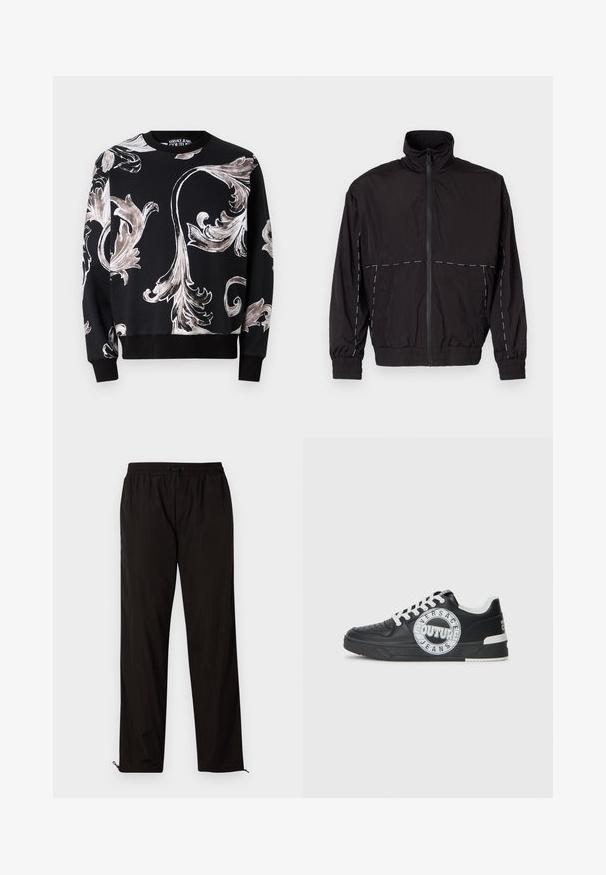 Casaco leve preto com gola alta e fecho de correr. Apresenta detalhes em costura branca nos ombros e mangas. Punhos elásticos.; Versace Jeans Couture BAR OUTLINE MACRO - Camisola - black; Calças leves pretas com cintura elástica, fecho por cordão ajustável e bainhas com fecho de correr para ajuste. Textura suave e elegante.; Tenis de couro preto com detalhes em branco, logótipo redondo, ponta perfurada e sola de contraste. Apresenta atacadores brancos e marca.