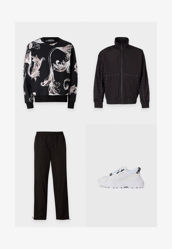 Melna viegla jaka ar augstu apkakli un rāvējslēdzēju. Iezīmējas ar baltām šuvēm uz pleciem un piedurknēm. Elastīgas piedurknes.; Versace Jeans Couture BAR OUTLINE MACRO - Ikdienas džemperis - black; Melni viegli bikses ar elastīgu jostu, aukliņu aizdari un rāvējslēdzēju apakšmalā regulējamai fitē. Gluda, eleganta tekstūra.; Balti sporta kedu ar tīkliņa virsmu, biezu zolīti un melniem akcentiem ar drukātu zīmolu. Teksturēts un strukturēts dizains.