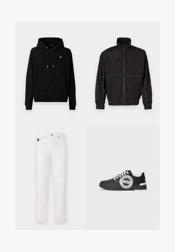 Fekete, könnyű dzseki magas gallérral és cipzáras záróval. Fehér varrási díszítésekkel a vállakon és az ujjakon. Rugalmas mandzsetták.; Fekete kapucnis pulóver pamut keverékből, elülső kenguru zsebbel, arany hegyű húzózsinórral és egy kis kék logóval a mellkason.; Fehér farmernadrág, egyenes szabású, öt zsebes dizájn, gombos záródás, és egy kis márkajelzés a deréknál. Sima textúra.; Fekete bőr edzőcipő fehér kiemelésekkel, kerek logó részletezéssel, perforált orral és kontrasztos talppal. Jellemzője a fehér fűző és a márkajelzés.