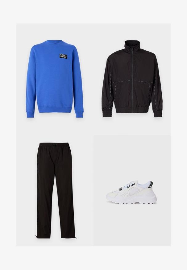 Casaco leve preto com gola alta e fecho de correr. Apresenta detalhes em costura branca nos ombros e mangas. Punhos elásticos.; Sweatshirt azul de manga longa com decote redondo, apresentando punhos e barra canelados, com um pequeno patch preto e branco "Versace Couture" no peito.; Calças leves pretas com cintura elástica, fecho por cordão ajustável e bainhas com fecho de correr para ajuste. Textura suave e elegante.; Ténis desportivos brancos com parte superior em rede, sola grossa e detalhes pretos com marca impressa. Design texturizado e estruturado.
