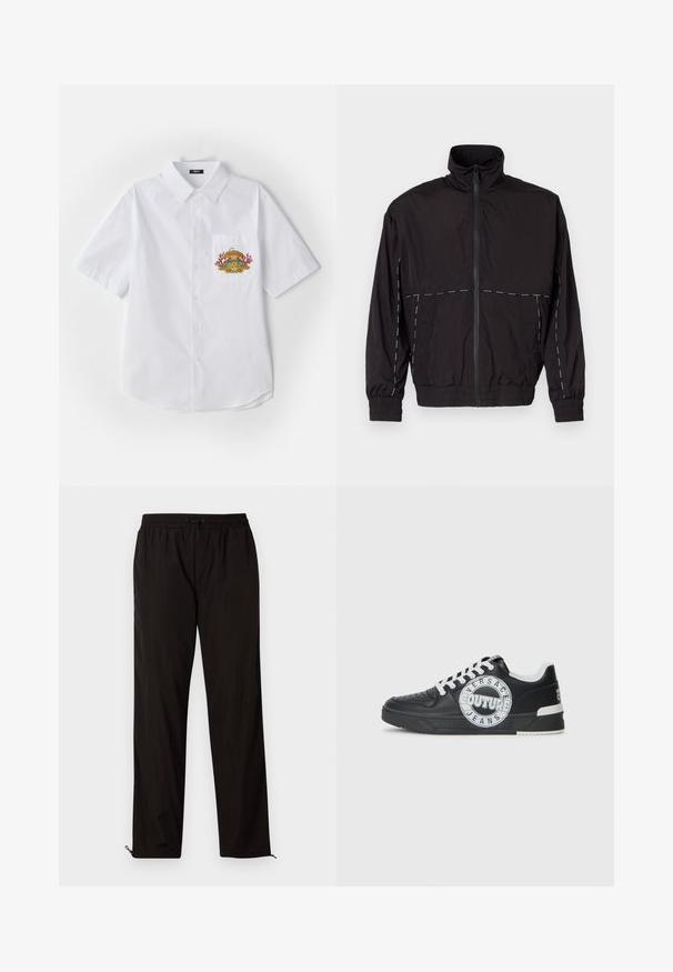 Czarna, lekka kurtka z wysokim kołnierzem i zapięciem na zamek. Posiada białe przeszycia na ramionach i rękawach. Elastyczne mankiety.; Biała koszula na krótki rękaw, zapinana na guziki, z kołnierzykiem, z kolorowym haftowanym wzorem na lewym kieszeni.; Czarne, lekkie spodnie z elastycznym paskiem w talii, z zapięciem na sznurek i zamkami błyskawicznymi przy nogawkach dla regulowanego dopasowania. Gładka, stylowa tekstura.; Czarne skórzane sneakersy z białymi akcentami, okrągłe detale z logo, perforowany czubek oraz kontrastowa podeszwa. Posiadają białe sznurówki i branding.