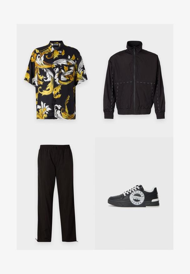 Giacca nera leggera con colletto alto e chiusura a zip. Presenta dettagli in cucitura bianca sulle spalle e sulle maniche. Polsi elasticizzati.; Camicia nera a maniche corte con un audace motivo floreale giallo e bianco, dotata di colletto e taschino frontale con chiusura a bottone.; Pantaloni leggeri neri con vita elastica, chiusura con cordino e orli con zip per una vestibilità regolabile. Texture liscia e elegante.; Sneaker nere in pelle con accenti bianchi, dettagli del logo rotondo, punta perforata e suola a contrasto. Presentano lacci bianchi e branding.