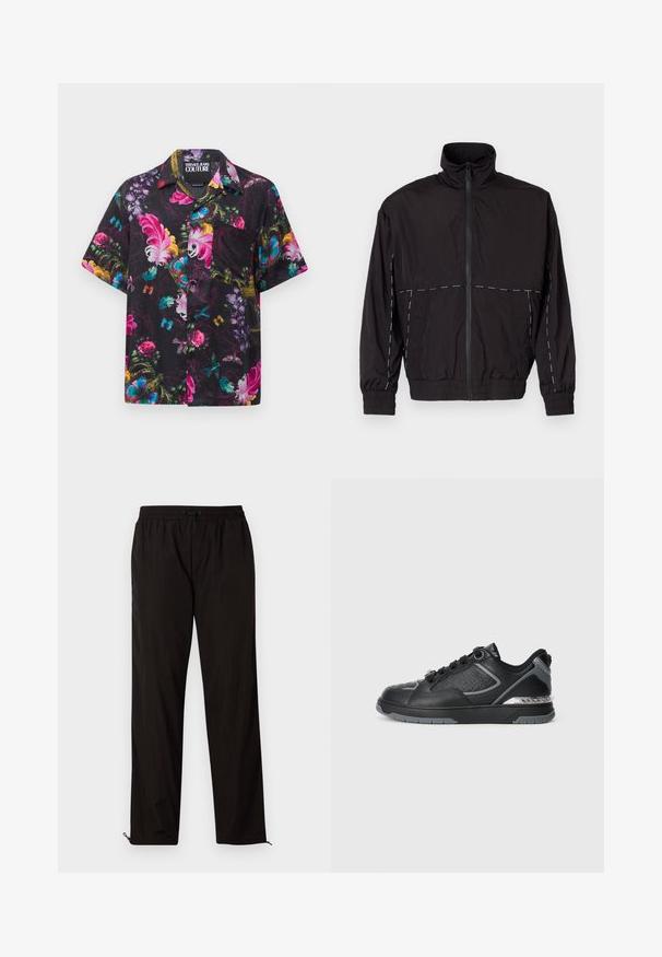 Casaco leve preto com gola alta e fecho de correr. Apresenta detalhes em costura branca nos ombros e mangas. Punhos elásticos.; Camisa de botão de manga curta preta com padrões vibrantes de flores, borboletas e penas em rosa, azul, amarelo e verde, com um bolso no peito.; Calças leves pretas com cintura elástica, fecho por cordão ajustável e bainhas com fecho de correr para ajuste. Textura suave e elegante.; Sapatilha em couro preto com detalhes texturizados, acabamentos em prata, bico arredondado e uma entressola padronizada com um logótipo. Design com atacadores.