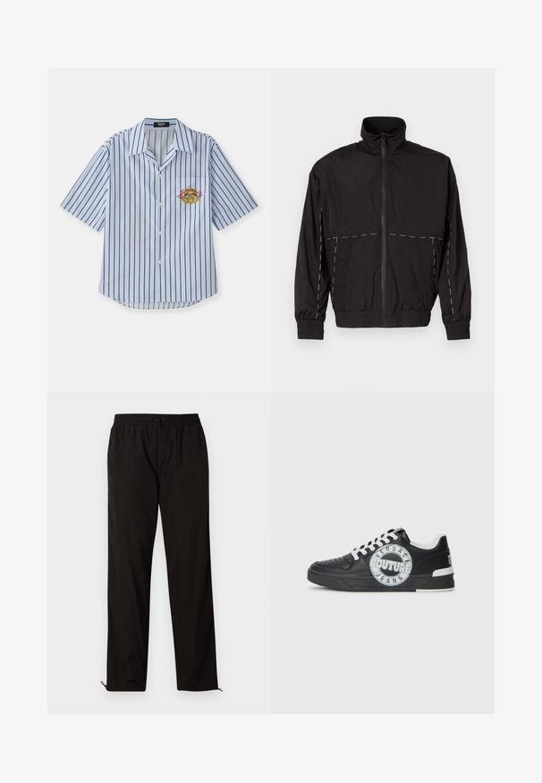 Giacca nera leggera con colletto alto e chiusura a zip. Presenta dettagli in cucitura bianca sulle spalle e sulle maniche. Polsi elasticizzati.; Camicia a maniche corte blu e bianca a righe con chiusura a bottoni, taschino sul petto e design ricamato di granchio. Tessuto morbido, vestibilità rilassata.; Pantaloni leggeri neri con vita elastica, chiusura con cordino e orli con zip per una vestibilità regolabile. Texture liscia e elegante.; Sneaker nere in pelle con accenti bianchi, dettagli del logo rotondo, punta perforata e suola a contrasto. Presentano lacci bianchi e branding.