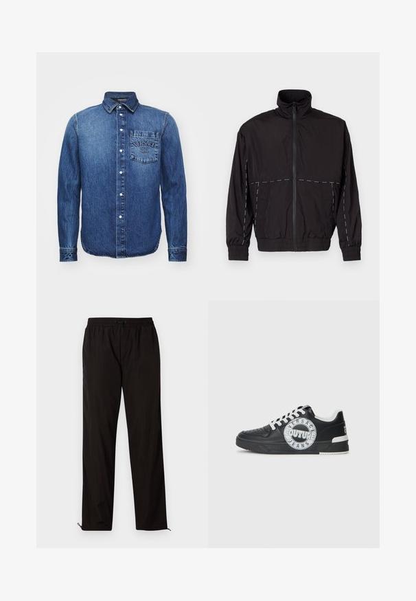 Juodas lengvas švarkas su aukštu apykakle ir užtrauktuku. Savybėje yra balti siuvinėjimo akcentai ant pečių ir rankovių. Elastingi rankogaliai.; Tamsiai mėlynas džinsinis marškinis su ilgomis rankovėmis, mygtukų uždarymu, priekinė kišenė su "Versace" logotipu ir matomomis siuvimo detalėmis.; Juodos lengvos kelnės su elastingu juosmeniu, raišteliu ir užtrauktukais apačioje, kad būtų galima pritaikyti dydį. Lygus, glotnus paviršius.; Juodo odinio sportinio avalynė su baltais akcentais, apvaliu logotipo detalizavimu, perforuota priekiu ir kontrastingu padu. Savybės: balti raišteliai ir prekės ženklas.