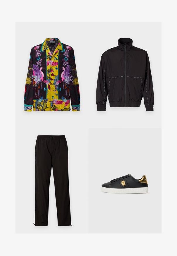 Casaco leve preto com gola alta e fecho de correr. Apresenta detalhes em costura branca nos ombros e mangas. Punhos elásticos.; Camisa de manga longa com padrões vibrantes de flores, pássaros, borboletas e gaiolas em tons de roxo, rosa, azul e amarelo.; Calças leves pretas com cintura elástica, fecho por cordão ajustável e bainhas com fecho de correr para ajuste. Textura suave e elegante.; Sapatilha de couro preto com detalhes em dourado, decoração com logotipo e sola branca com padrão. Apresenta atacadores redondos e um design elegante.