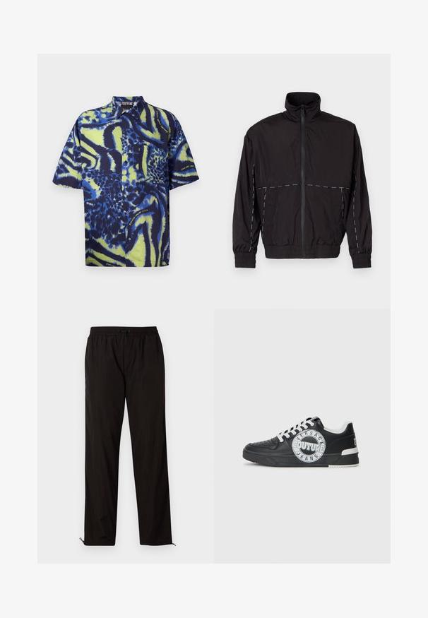 Juodas lengvas švarkas su aukštu apykakle ir užtrauktuku. Savybėje yra balti siuvinėjimo akcentai ant pečių ir rankovių. Elastingi rankogaliai.; Trumpomis rankovėmis mylimasis marškiniai, kuriuose dominuoja drąsūs mėlyni ir geltoni gyvūnų raštai. Pagamintas iš lengvos medžiagos, su krūtinės kišene.; Juodos lengvos kelnės su elastingu juosmeniu, raišteliu ir užtrauktukais apačioje, kad būtų galima pritaikyti dydį. Lygus, glotnus paviršius.; Juodo odinio sportinio avalynė su baltais akcentais, apvaliu logotipo detalizavimu, perforuota priekiu ir kontrastingu padu. Savybės: balti raišteliai ir prekės ženklas.