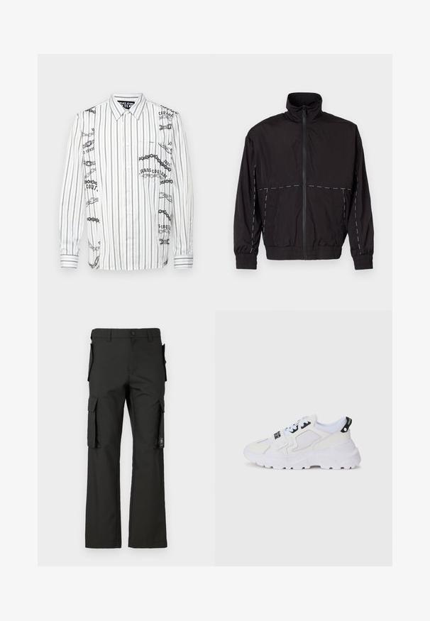Schwarze leichte Jacke mit hohem Kragen und Reißverschluss. Mit weißen Nähakzenten an Schultern und Ärmeln. Elastische Bündchen.; Weißes Langarmshirt mit schwarzen vertikalen Streifen, das auf der linken Seite grafische Drucke und Text sowie eine Brusttasche aufweist.; Schwarze Cargo-Hose mit geradem Bein, ausgestattet mit mehreren Seitentaschen und einem Knopfverschluss. Hergestellt aus strapazierfähigem Gewebe mit glatter Textur.; Weiße Sportschuhe mit einem Obermaterial aus Netzstoff, einer dicken Sohle und schwarzen Akzenten mit aufgedrucktem Branding. Texturiertes und strukturiertes Design.