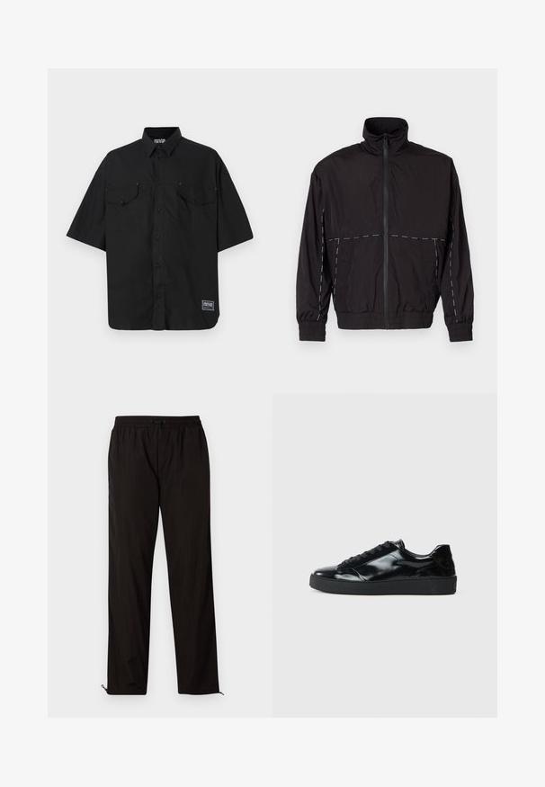 Melna viegla jaka ar augstu apkakli un rāvējslēdzēju. Iezīmējas ar baltām šuvēm uz pleciem un piedurknēm. Elastīgas piedurknes.; Melna īsām piedurknēm boto krekls, izgatavots no kokvilnas, ar divām krūšu kabatām un logotipa etiķeti apakšējā labajā pusē. Gluda tekstūra.; Melni viegli bikses ar elastīgu jostu, aukliņu aizdari un rāvējslēdzēju apakšmalā regulējamai fitē. Gluda, eleganta tekstūra.; Melna patentā āda sneakers ar noapaļotu purngala dizainu, ar saistēm, teksturētu gumijas zoli un gludu apdari.