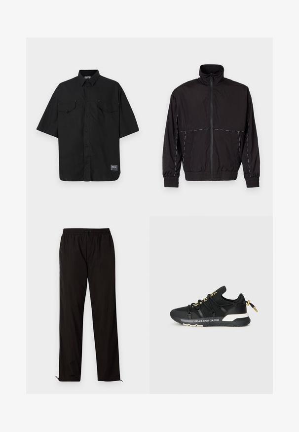 Giacca nera leggera con colletto alto e chiusura a zip. Presenta dettagli in cucitura bianca sulle spalle e sulle maniche. Polsi elasticizzati.; Camicia a maniche corte nera con bottoni, realizzata in cotone, dotata di due tasche sul petto e un'etichetta con logo in basso a destra. Texture liscia.; Pantaloni leggeri neri con vita elastica, chiusura con cordino e orli con zip per una vestibilità regolabile. Texture liscia e elegante.; Sneakers atletici neri dal design elegante, con marchio dorato, lacci elastici e suola testurizzata con accenti bianchi.