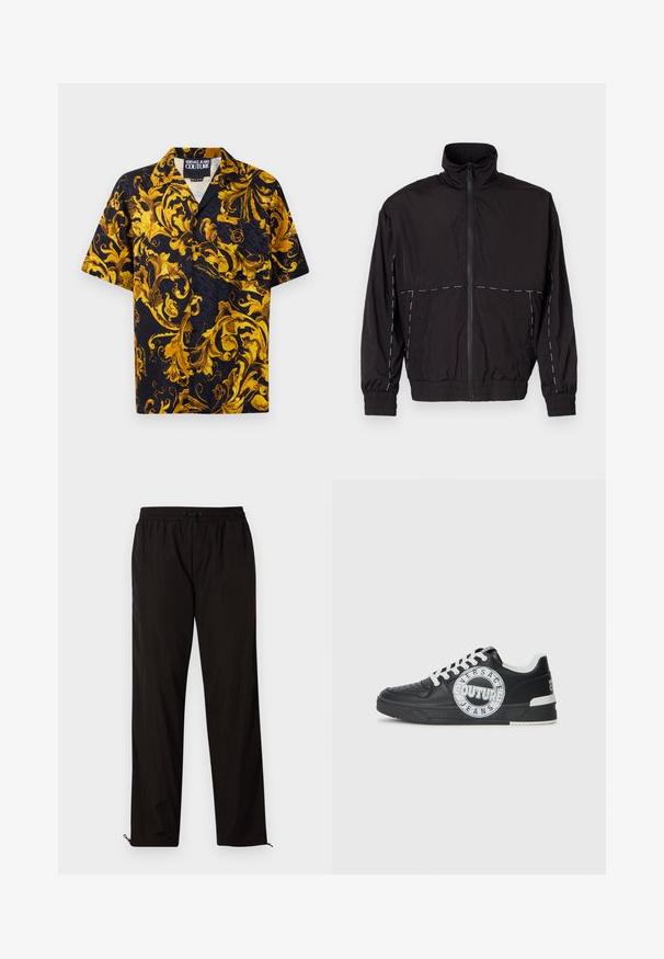 Juodas lengvas švarkas su aukštu apykakle ir užtrauktuku. Savybėje yra balti siuvinėjimo akcentai ant pečių ir rankovių. Elastingi rankogaliai.; Juoda trumpaankovė marškinė su mygtukais, dekoruoti geltonais ir auksiniais barokinių gėlių raštais bei priekinėmis kišenėmis, vidinėje apykaklėje pažymėti Versace Jeans Couture.; Juodos lengvos kelnės su elastingu juosmeniu, raišteliu ir užtrauktukais apačioje, kad būtų galima pritaikyti dydį. Lygus, glotnus paviršius.; Juodo odinio sportinio avalynė su baltais akcentais, apvaliu logotipo detalizavimu, perforuota priekiu ir kontrastingu padu. Savybės: balti raišteliai ir prekės ženklas.