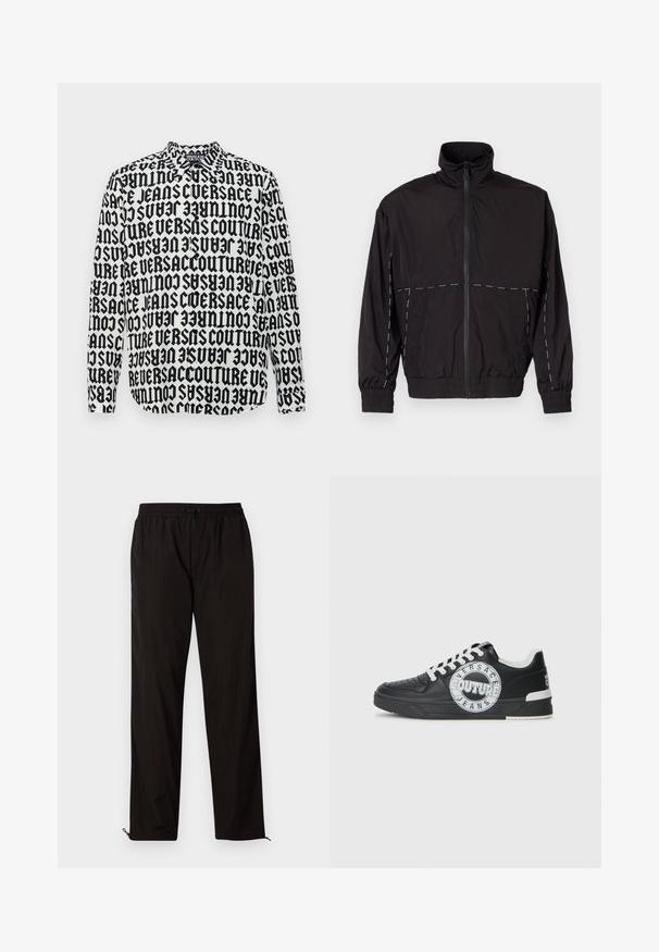Giacca nera leggera con colletto alto e chiusura a zip. Presenta dettagli in cucitura bianca sulle spalle e sulle maniche. Polsi elasticizzati.; Camicia a maniche lunghe con un design grafico in bianco e nero che presenta la scritta ripetuta "VERSACE JEANS COUTURE" in grassetto. Collo con bottoni.; Pantaloni leggeri neri con vita elastica, chiusura con cordino e orli con zip per una vestibilità regolabile. Texture liscia e elegante.; Sneaker nere in pelle con accenti bianchi, dettagli del logo rotondo, punta perforata e suola a contrasto. Presentano lacci bianchi e branding.