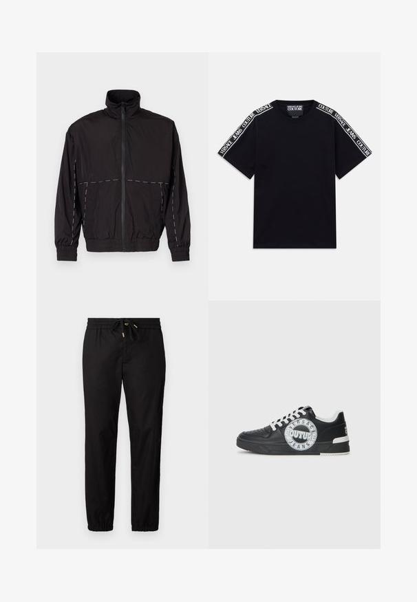 Črna lahka jakna z visokim ovratnikom in zadrgo. Ima bele šive na ramenih in rokavih. Elastični manšeti.; Črna kratka majica s kratkimi rokavi z belimi trakovi z besedilom "Versace Jeans Couture", ki tečejo ob naramnicah in zgornjih rokavih.; Črne hlače z elastičnim pasom in vrvico. Značilne so ožje noge z elastičnimi manšetami. Gladek, lahek material.; Črne usnjene superge z belimi detajli, okroglo logotipno okrasitev, perforiran prst in kontrastno podplat. Imajo bele vezalke in blagovno znamko.